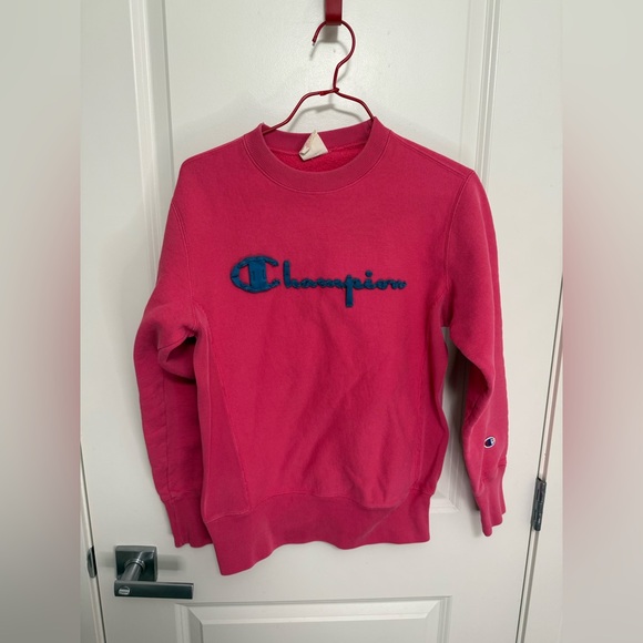 Champion Tops - Champion Women's Pink Sweatshirt with Blue Logo in size S